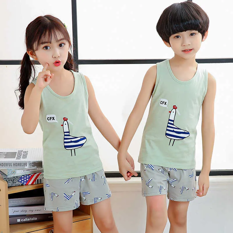 Kinder Sommer Kleidung Set für Jungen Mädchen Weste Tops Hosen Homewear Cartoon Totoro Tier Pijimas Inflantil Baumwolle Kinder Pyjamas 210915