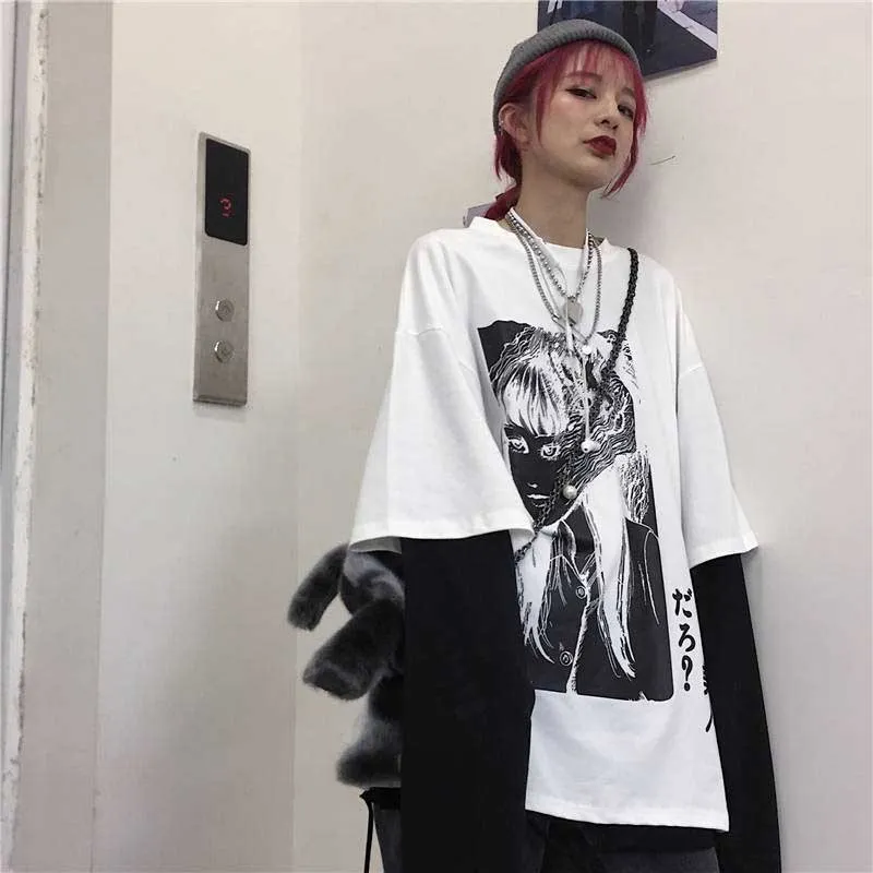 Nicemix Harajuku Tシャツ女性フェイク2ピースプリント日本の藤原ホラーコミック長袖シャツ女性獣医ファム210312