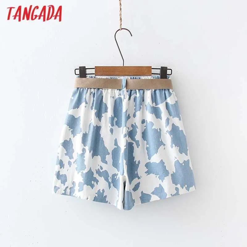 Tangada Sommer Frauen Print Denim Shorts mit Gürtel Vintage Hohe Elastische Taille Weibliche Kurze Hosen Mujer 5N12 210609
