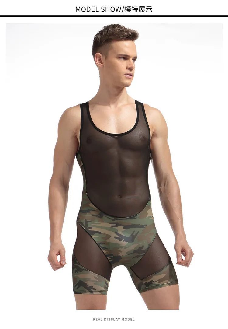 Body Siamese Mutandine Shapers Bottoni Tuta da wrestling Mesh traspirante Biancheria intima da uomo Bodywear trasparente mimetico