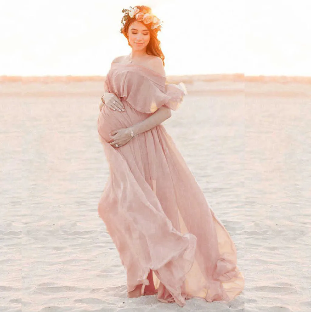 # 5 femmes élégantes enceintes maternité photographie accessoires à manches courtes volants couleurs unies hors de la robe Maxi Shoudler robe longue Q0713