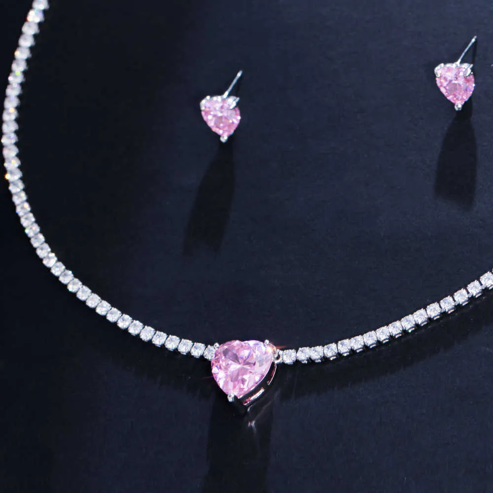 Cwwzircons söt romantisk kärlek hjärta form rosa cubic zirconia kristall kvinnor förlovning halsband örhänge bröllop smycken set t554 h1022