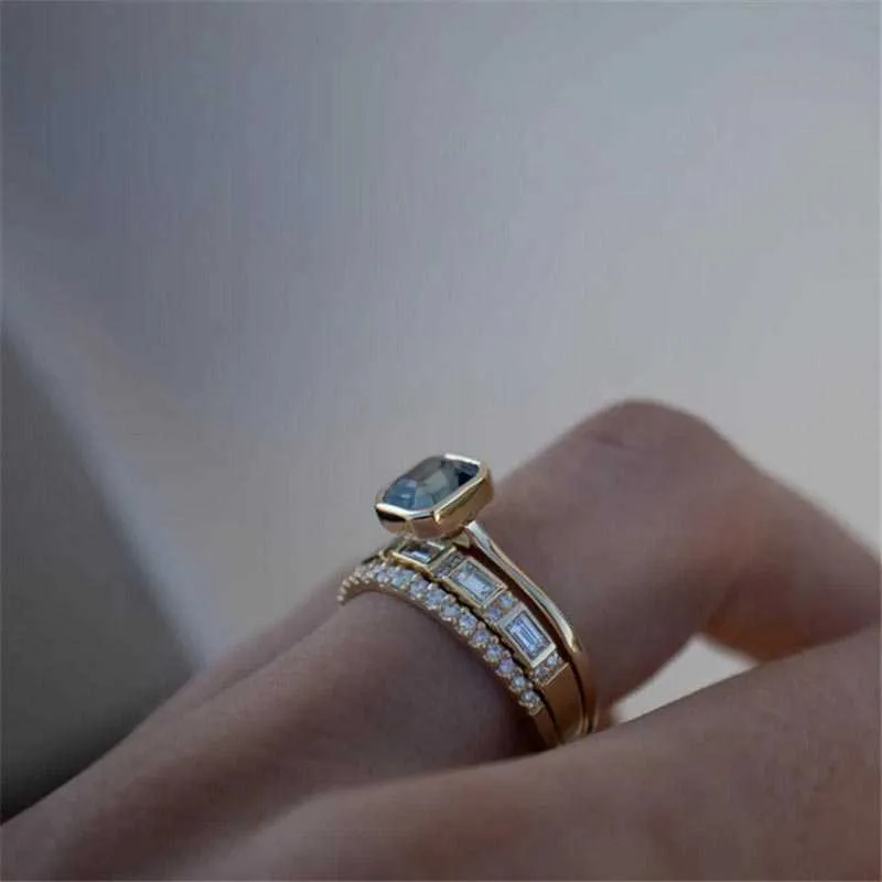 3 pezzi Anelli di cristallo blu acido le donne Moda giallo oro colore matrimonio anello da donna gioielli di marca di lusso regali accessori 269V