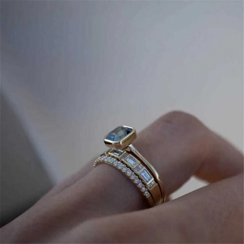 3st Acid Blue Crystal Rings for Women Fashion Yellow Gold Color Wedding Women's Ring Luxury Brand Jewets Gifts Accessories 270V