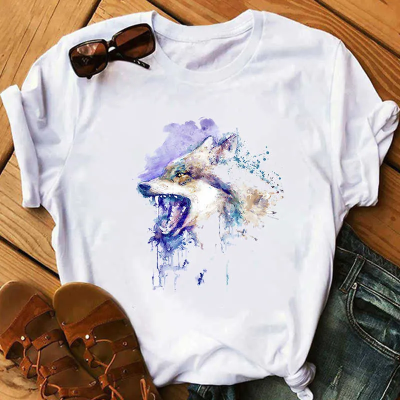 Märke Wolf T Shirt Kvinnor Rolig Vit T-shirt Tjej Casual Animal Tshirt Kvinnlig Sommar Kortärmad O Neck Loose Tee Toppar X0527