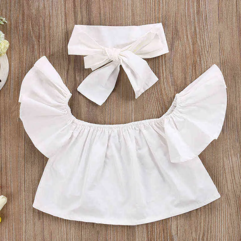 Toddler Girls Clothes Suits Off Shoulder Pullover Short Sleeve Tops Jeans Pants Bow Headband Kids Outfits Children Sets G220217