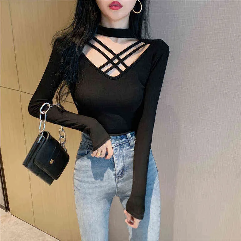 V-neck Halter Cross Design Sexy Bottoming Shirt Long-sleeved Solid Blouse Top 2022 Spring Autumn New Women Clothing H1230