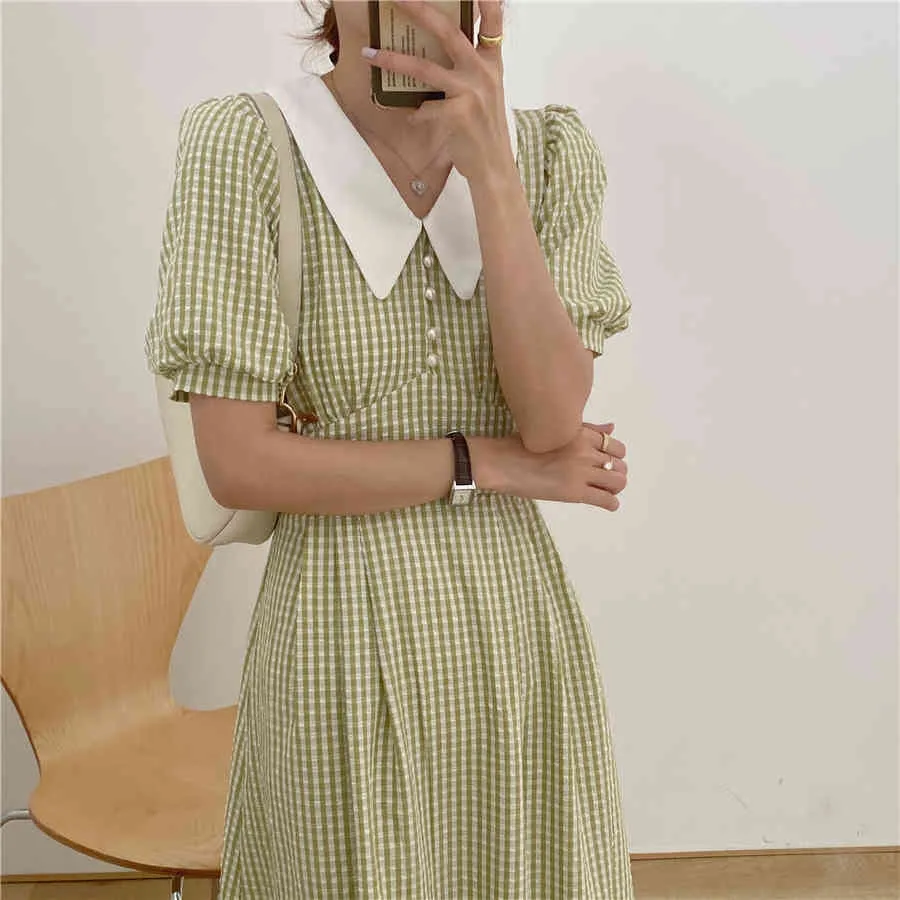 エイリアンキティビンテージエレガントな格子縞ドレス2021新しい夏のドレスパフスリーブ人形襟Vネックパールボタンロングドレスvestidos x0521