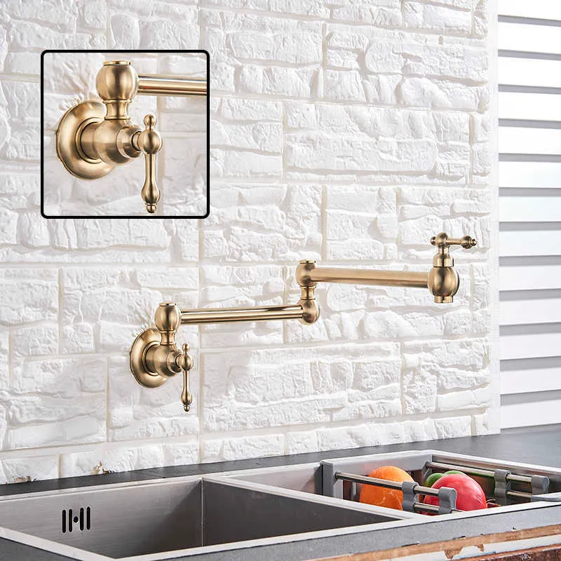 Robinet de cuisine de salle de bains mural plié à levier unique doré brossé, robinet de rotation à 360 degrés uniquement eau froide 210724