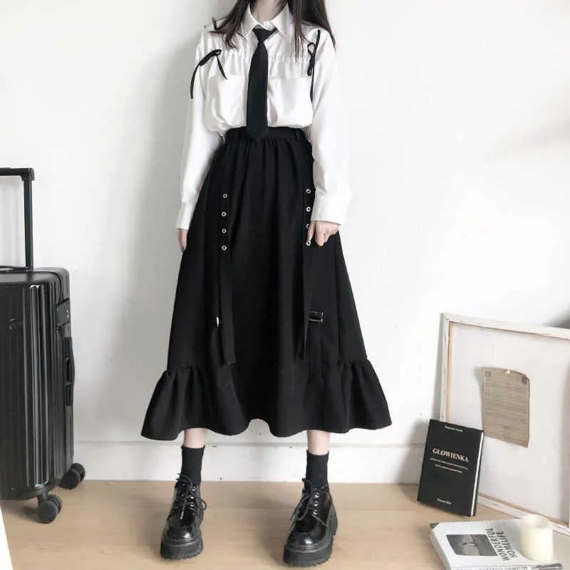 Moda coreana Mujeres A-Line Faldas Vintage Streeetwear Camisas de manga larga con corbata Trajes de 3 piezas Trajes Ulzzang japoneses Set 210619
