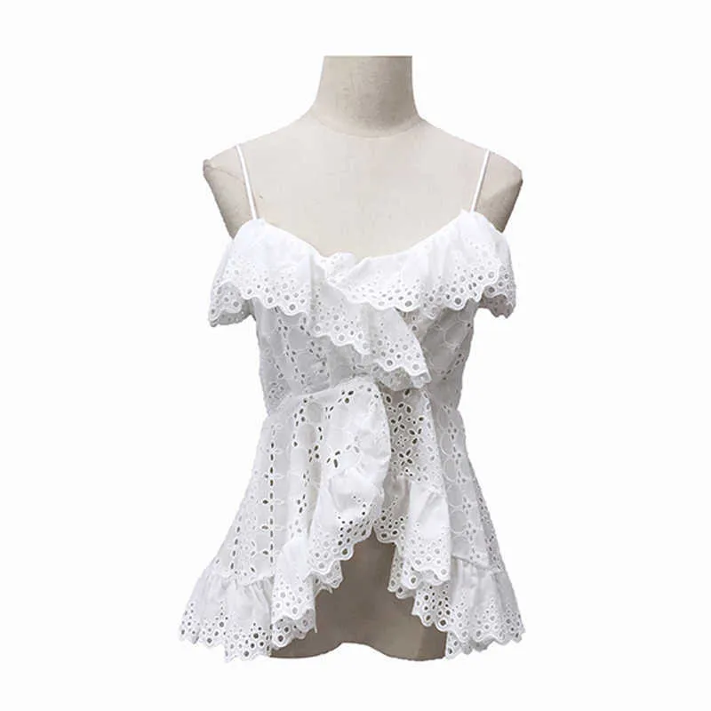 Kanske är du kvinnor Ruffle V Halsoppar Ärmlös Camis White Strap Lace B0334 210529