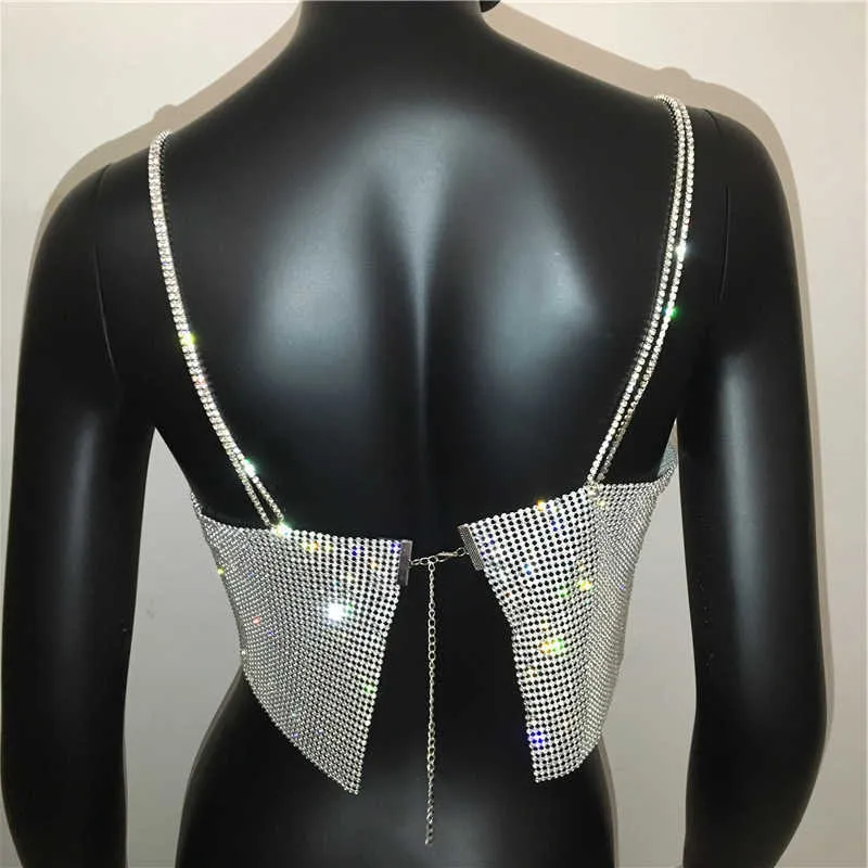 2021 Summer Shiny Crystal Chain Tank Top Silver Metal Mesh Halter Metallic Strap Crop Tops Vest Party Clubwear Outfits Y0824