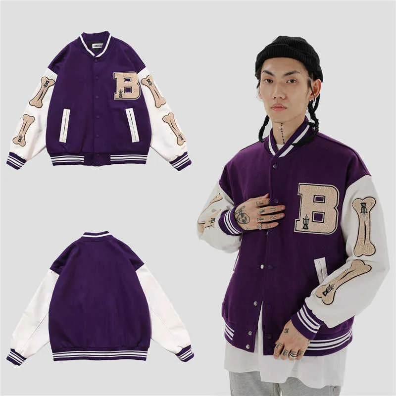 Hip Hop Streetwear Baseball Veste Manteau Lettre B Os Broderie Col montant Japonais Bomber College 210811