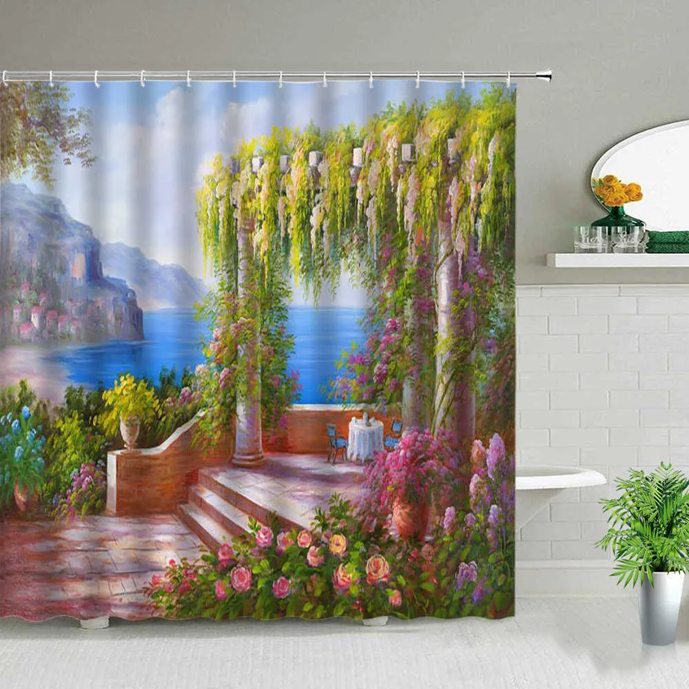 Oil Painting Scenery Shower Curtains Flowers Plant Swan Spring Landscape Bath Curtain Waterproof Bathroom Decor Polyester Cloth 210915