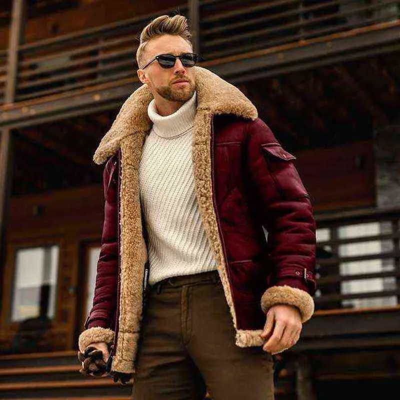 Mode Jackor Mens Cashmere Leather Jacket Solid Färg Motorcykel Vintage Streetwear Coats Vinter Tjockad Ytterkläder 211217
