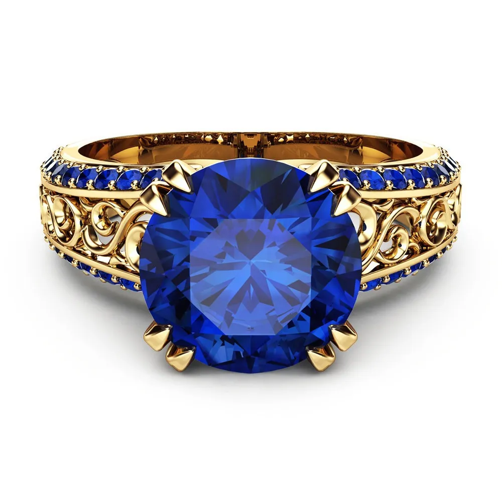 Vintage Carving Blue Crystal Sapphire Ruby Gemstones Ringar för Kvinnor Diamanter 14k Guldfärg Smycken Bijoux Bague Presenter