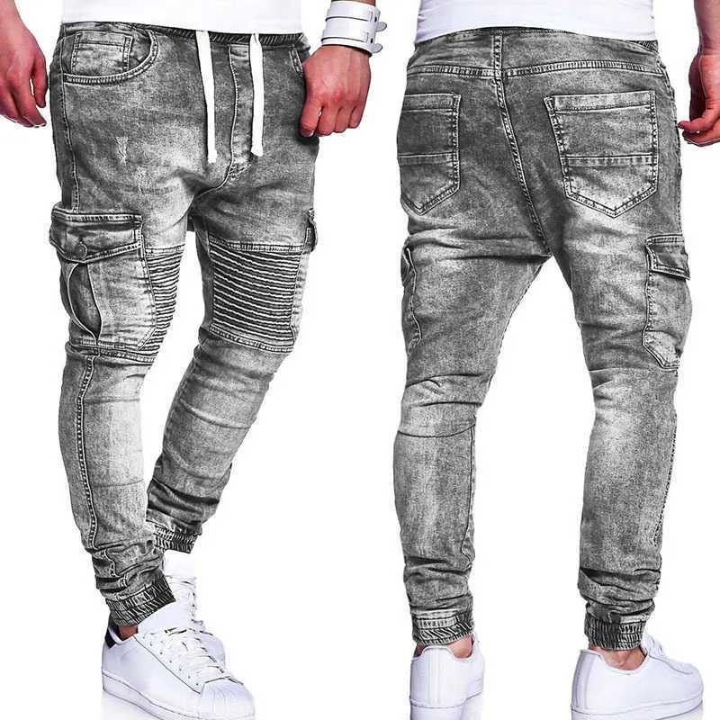 Zomer heren jeugd mode eenvoudige mode casual multi pocket lace up geplooid teen bindende ontwerp heren jeans x0621