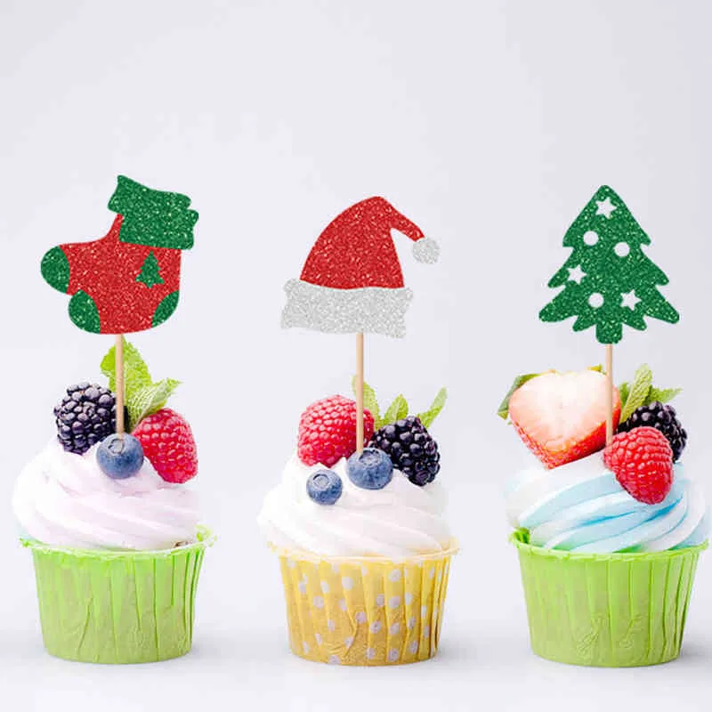 Cupcake de Noël Toppers Arbre de Noël Bonhomme de neige Gâteau de flocon de neige Picks pour la fête de Noël Favoris Fournitures de décoration de mariage 211216