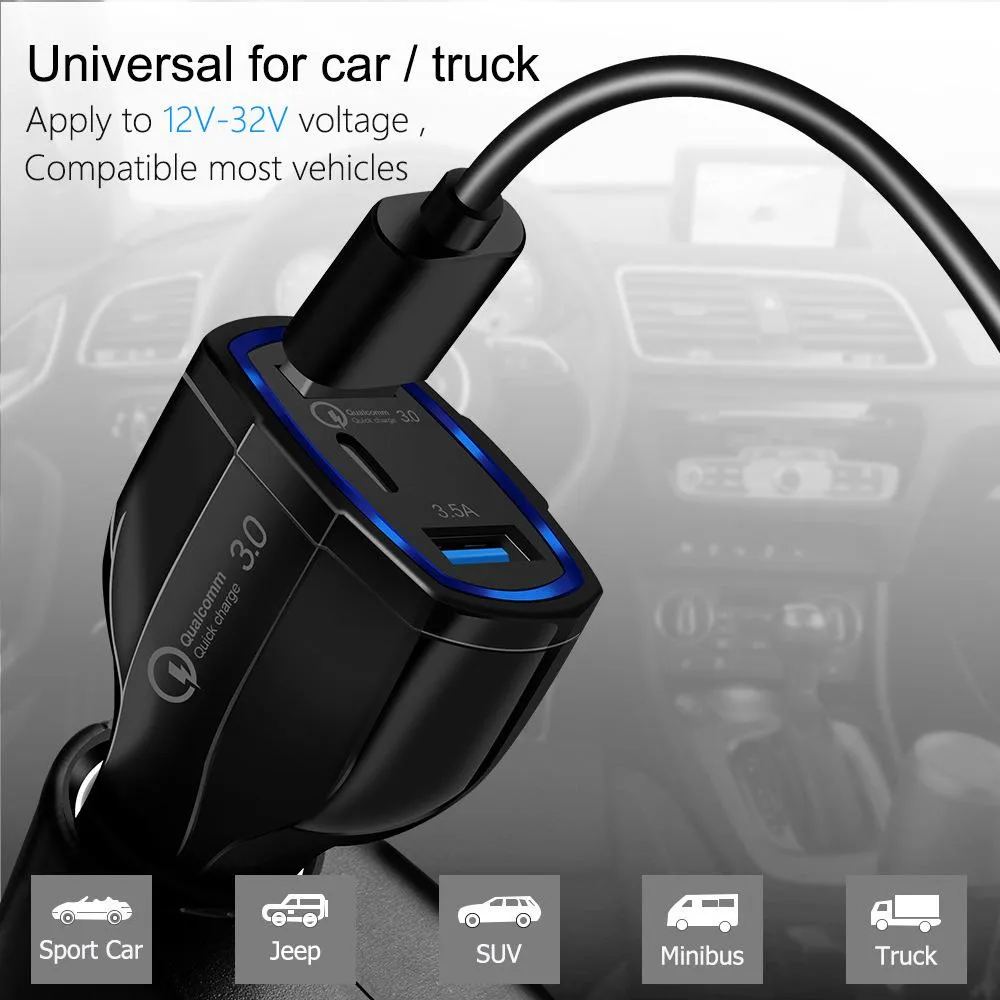 3 in 1 USB Car Carica caricabatteria ricarica rapida Tipo C QC 3.0 PD USB-C 7A Caricabatterie Adattatore telefonico iPhone 13 12 11 Pro Max X 8 7 Plus e Samsung S22 S21 S20 Nota 10 Telefoni