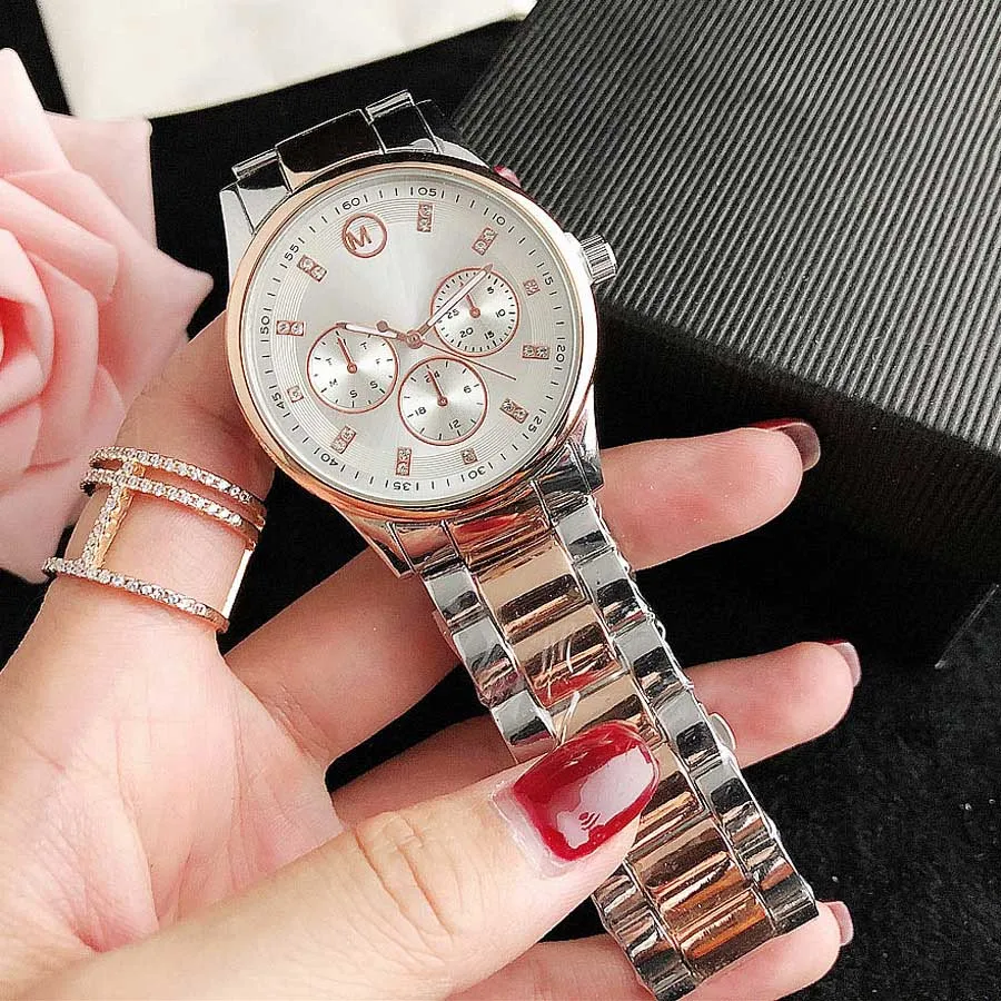 Montres de marque femmes dame fille diamant cristal 3 cadrans Style métal acier bande Quartz montre-bracelet M133