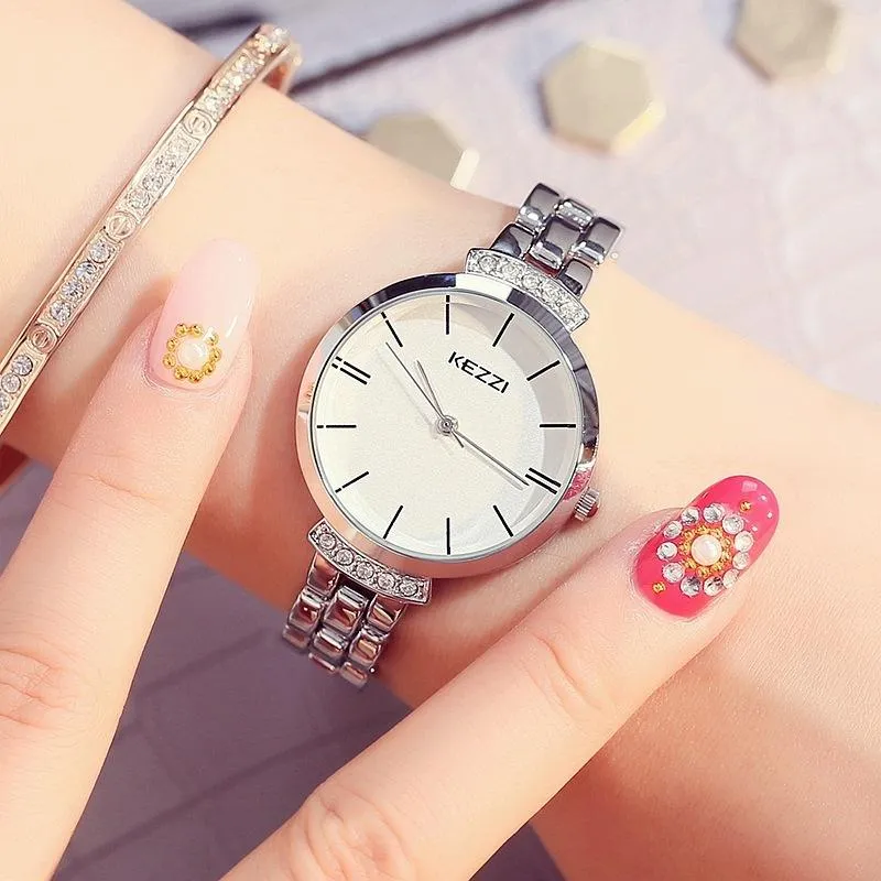 Kezzi Edelstahl Frauen Uhren einfache wasserdichte Quarz -Armbanduhren Damen Kleider Uhr Horloge257u