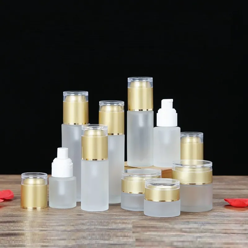 Commerci all'ingrosso 20ML ~ 80ML Emulsione Lozione Pompa Bottiglia Oro Opaco 20/30 / 50G Vaso Crema Cosmetica Profumo Smerigliato Bottiglia Spray 15 pz