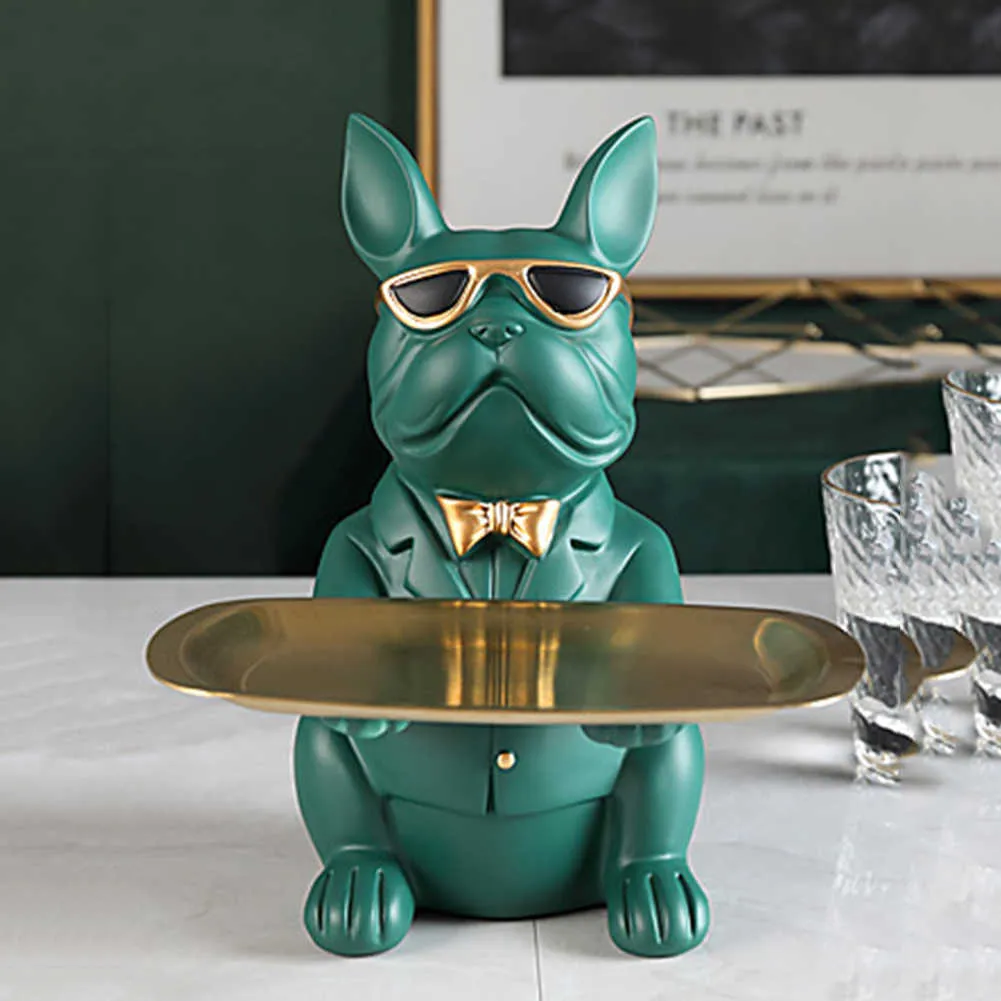 Resina Cool Dog Sculpture Bulldog Figurine Decorativo Bandeja De Armazenamento Bank Entrada Chave Snack Titular Estátua de Arte Moderna 210804