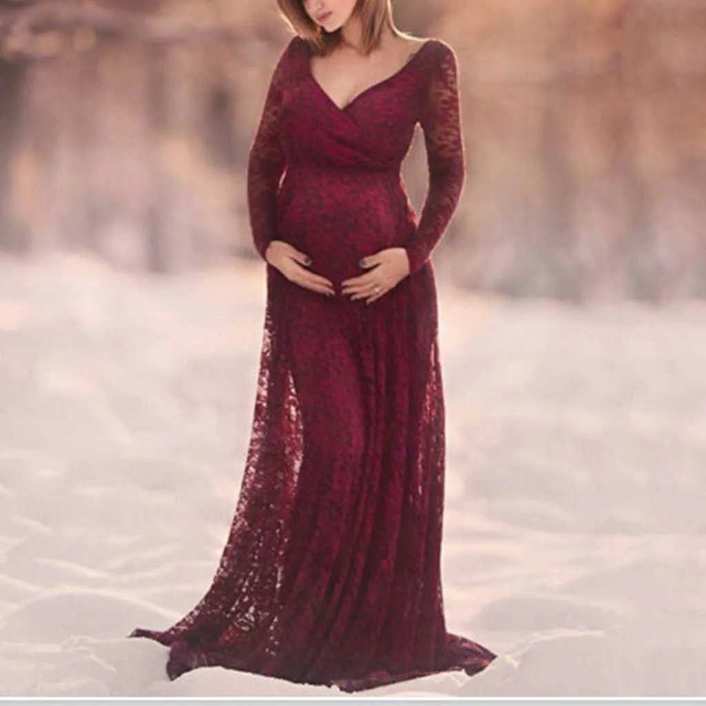 Ubrania w ciąży koronki z długim rękawem Suknie Ciążowe Suknie do zdjęcia Seksowna V Neck Ciąża Sukienka Fotografia Kobieta w ciąży Y0924
