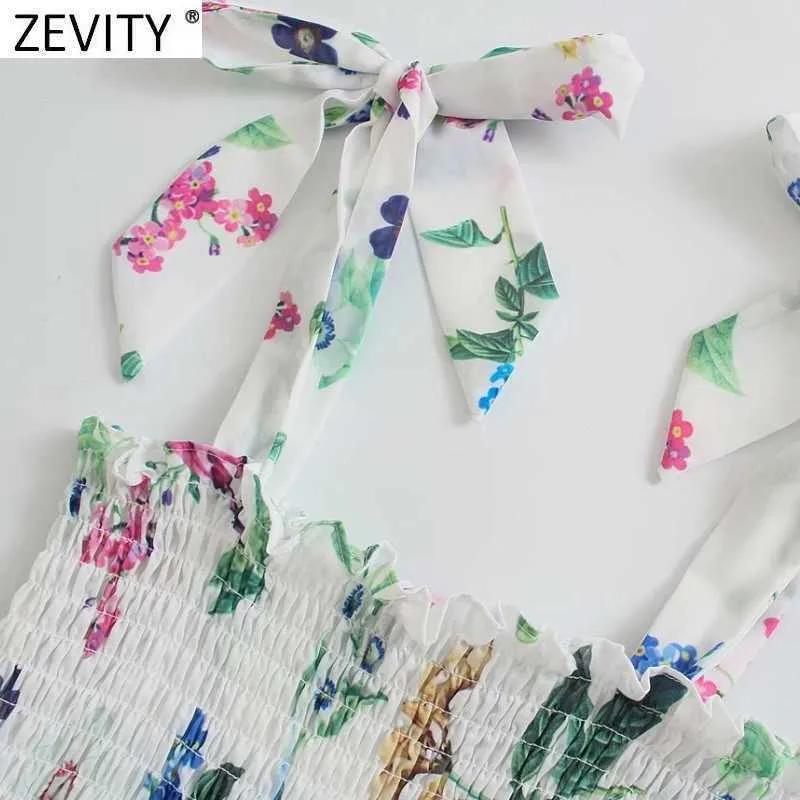 Zeefity Dames Mode Floral Print Elastische Geplooide Sling Jurk Vrouwelijke Boogdas Strap Vestido Chic Casual Summer Jurken DS8305 210603