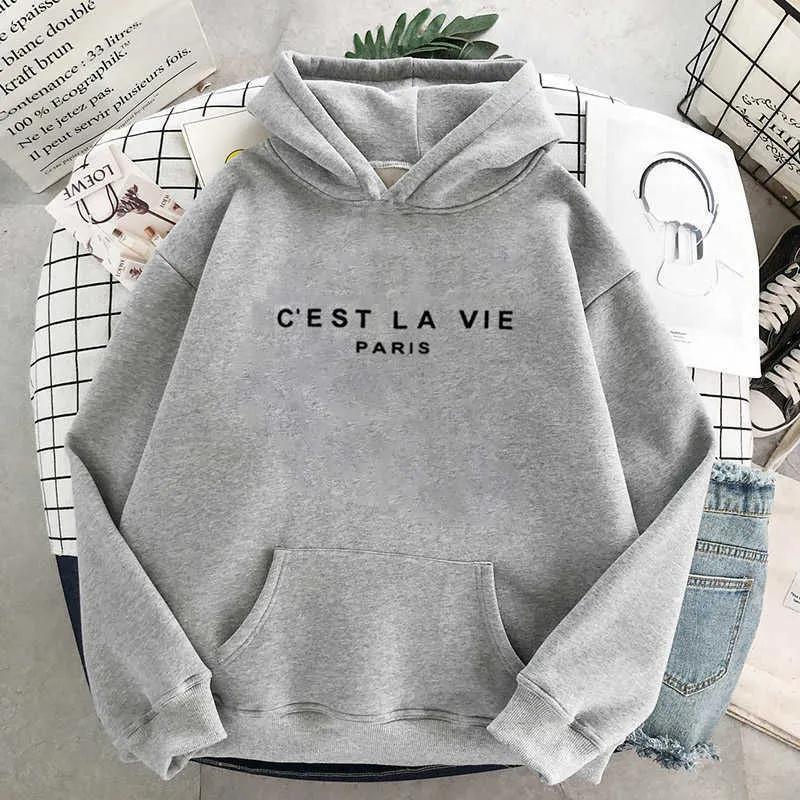 Carta de invierno Imprimir C'EST LA VIE Sudadera con capucha Mujeres Sudaderas con capucha Sudadera básica Cool Mujeres Hoody Mujer Sudaderas Student Sudaderas 210928