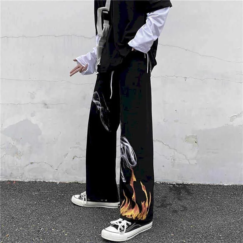 Plus Size Woman Pants Gothic Clothes 2021 Korean Retro Harajuku Trend Dark Print Casual Pants Straight Wide Leg Bottom Q0801