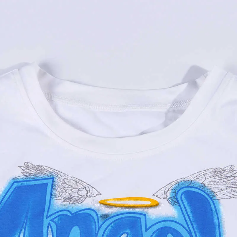 セクシーな天使のレタープリント O ネック半袖 tシャツ夏の女性のカジュアルスリムファッション Tシャツ女性のストリート Tシャツ 210527