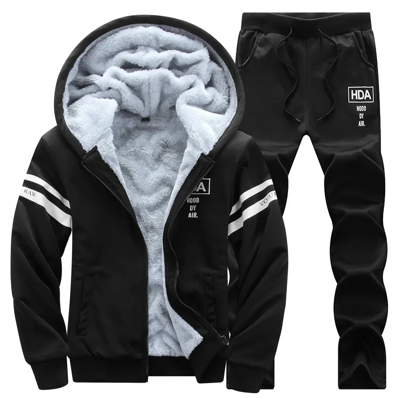 İç Fleece Mens Set Kış Trailtsuits Kadife Hoodies Takım Kırış Kürk Çizeli Sweatshirts Erkekler 2 Parça Set Spor Giyim S 201128