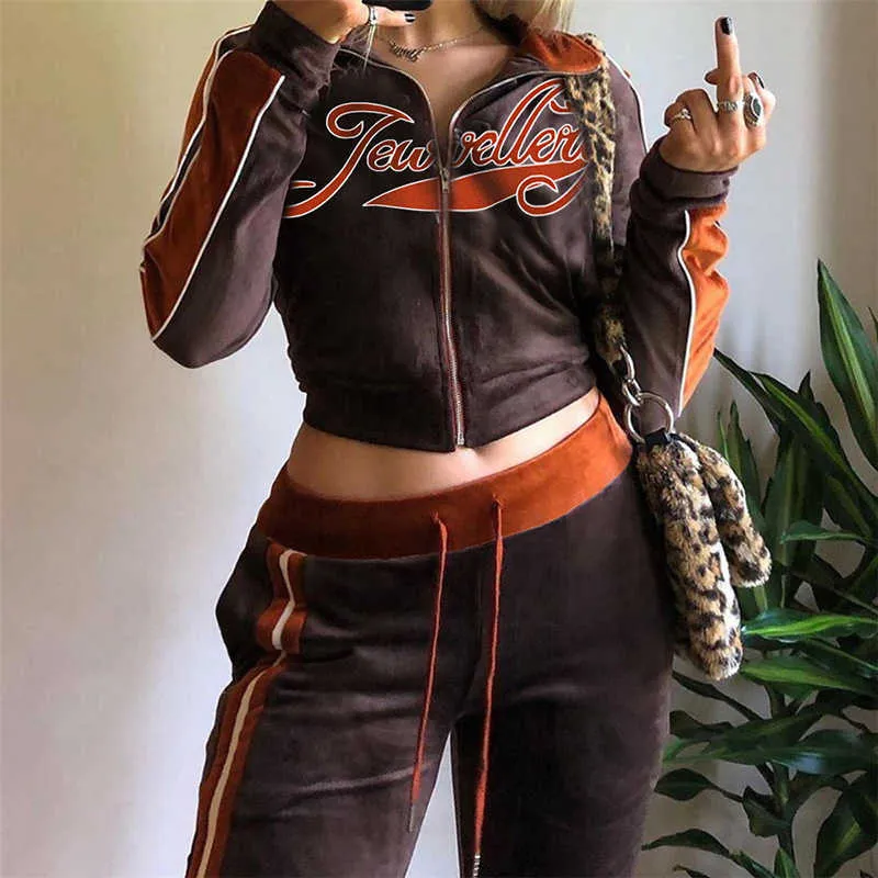 Jaded Y2K London Two Piece Set Women Tracksuits Höst Vinter Streetwear Letter Broderi Långärmad jacka Byxor sätter 210819