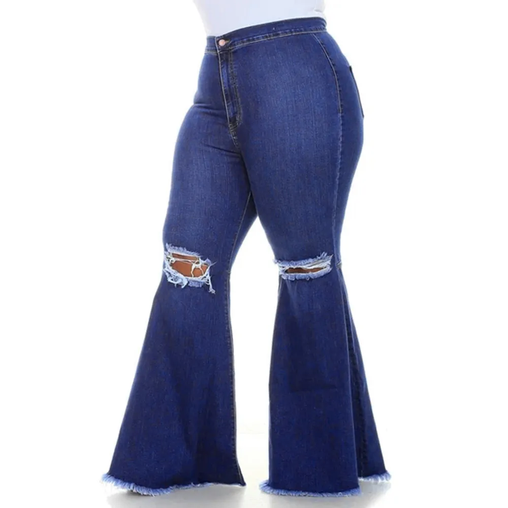 Chic Lady Hole Flare Pants Sexy Jeans a vita alta con fondo a zampa di jeans Large Size Solid Vintage Stretch Slim Pantaloni a gamba larga 6XL 210222