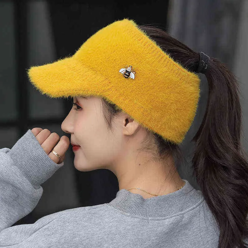 여자 소녀 밍크 헤어 바이저 모자 니트 가을 겨울 모자 모자 단색 탄성 사이클링 달리기 골프 빈 탑 모자 2111222095433