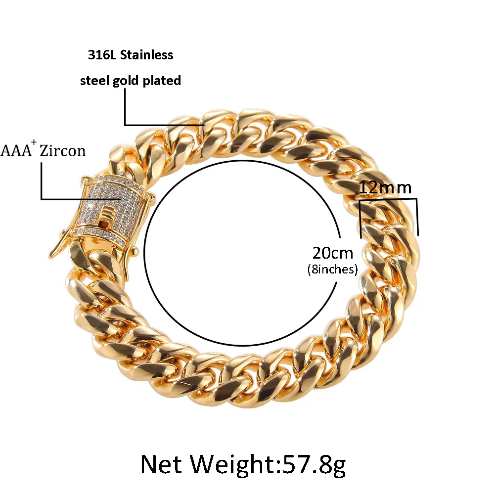 12mm Crystal Zircon Stainless Steel Cuban Chain Gold diamond link bracelet Necklaces for men Nightclub hip Hop Fashion jewelry wil2203