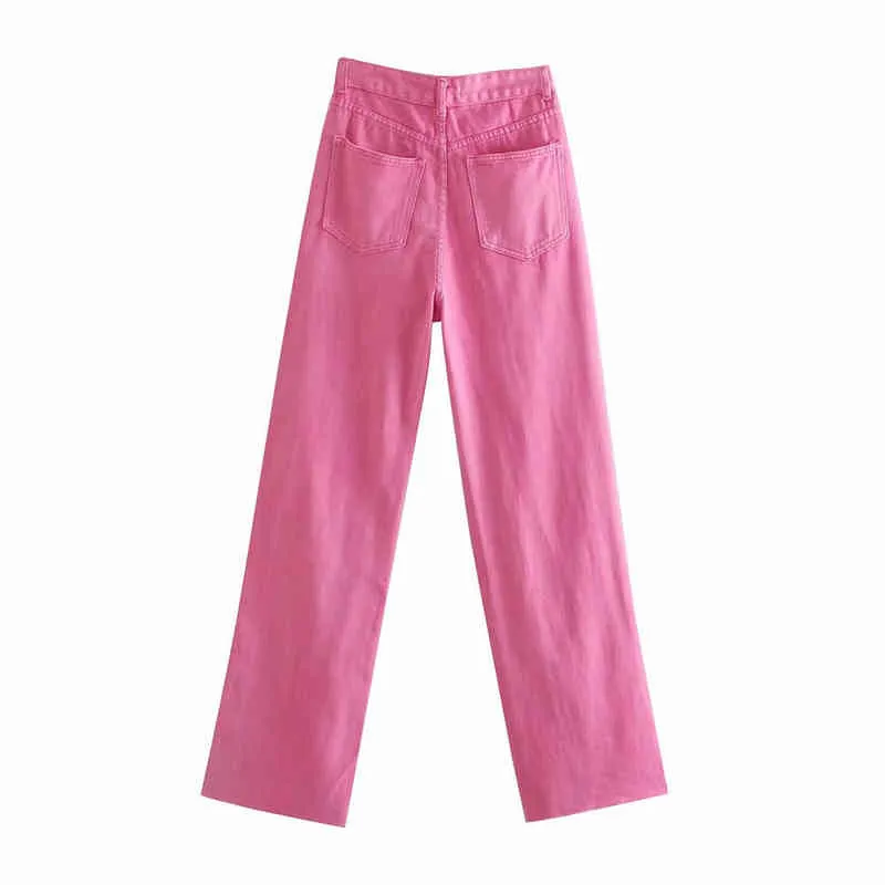 XNWMNZ Wome Moda de pierna ancha rosa rojo Jeans Mujer Chic de cintura alta bolsillos botón zip fly pantalones largos Pantalones de dama 211129