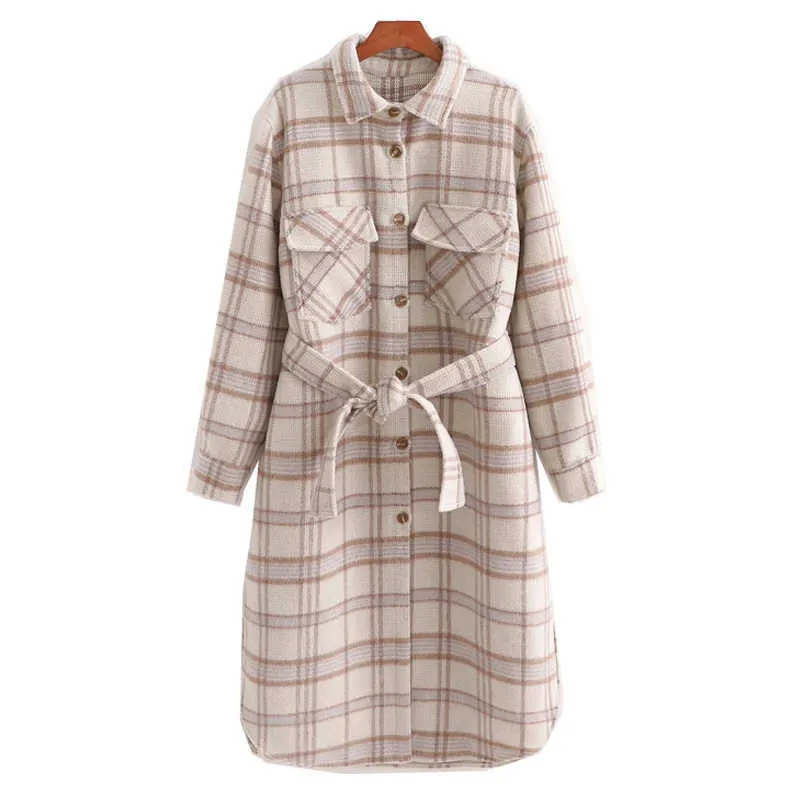 Sonbahar Kış Kontrast Colorplaid Yün Ceket Gevşek Rahat Kalınlaşmış Sıcak Kadınlar Uzun Yün Palto Kemer Ile 210602