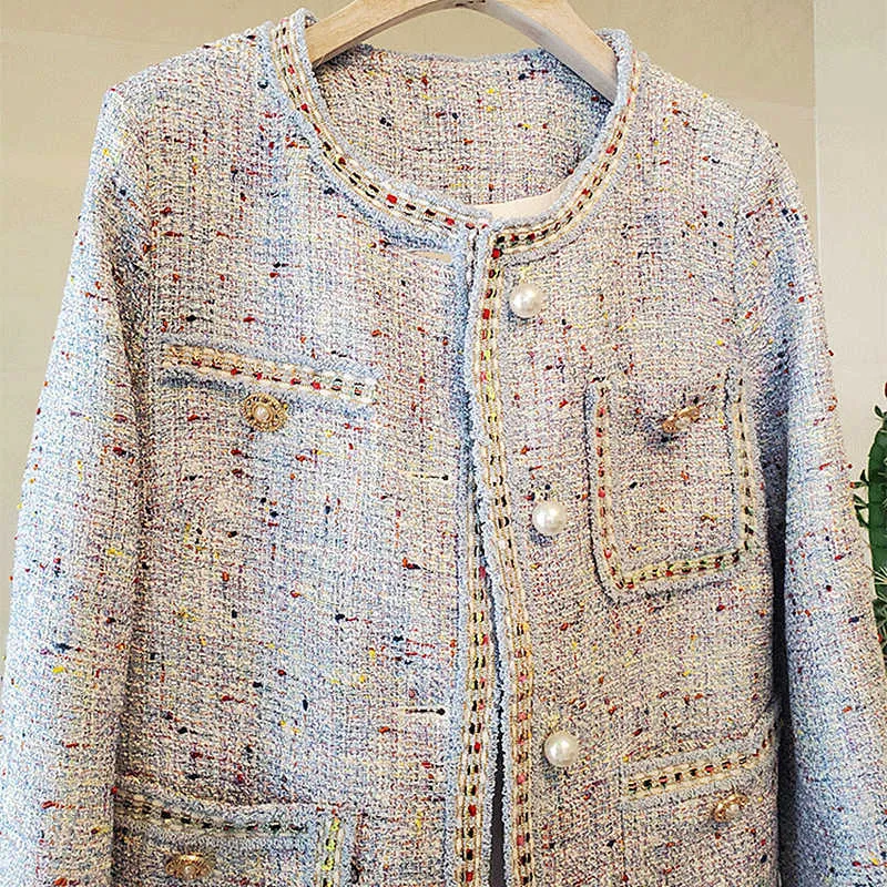 Arrival Spring High Quality Vintage Tweed Kurtka Płaszcz Damska Pearl Button Sweet Lovely Woolen Office Work Outwear 210529
