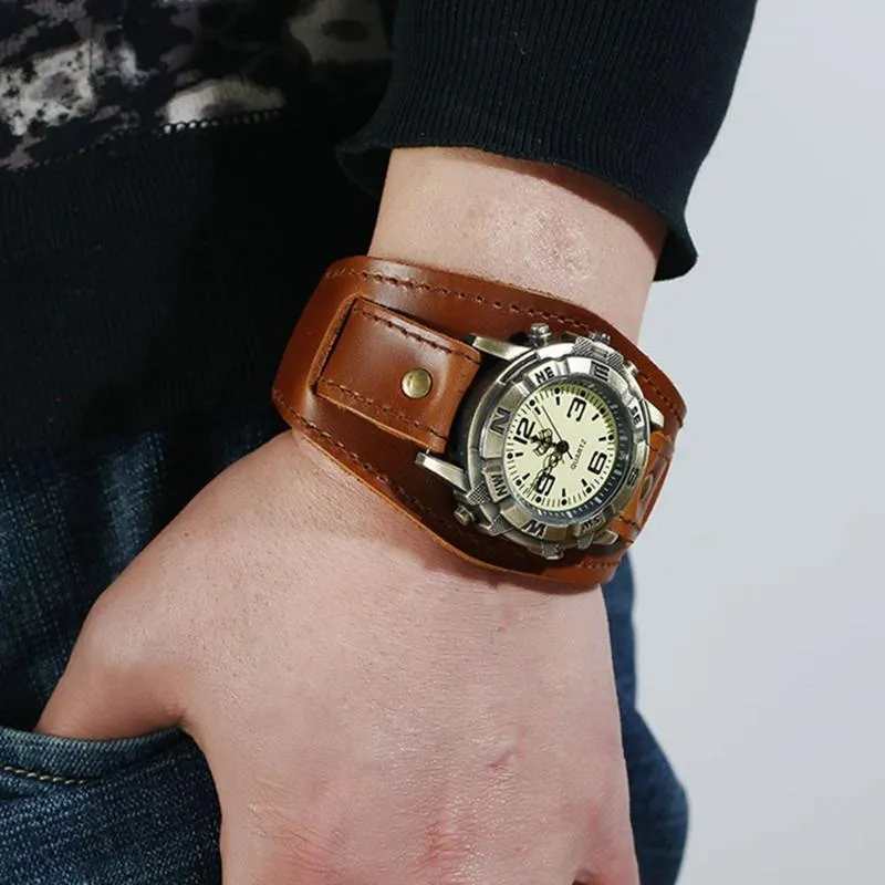 Orologi da polso Vintage Retro Big Wide cinturino in vera pelle orologio da uomo punk polsino al quarzo braccialetto braccialetto Relogio Masculino237R