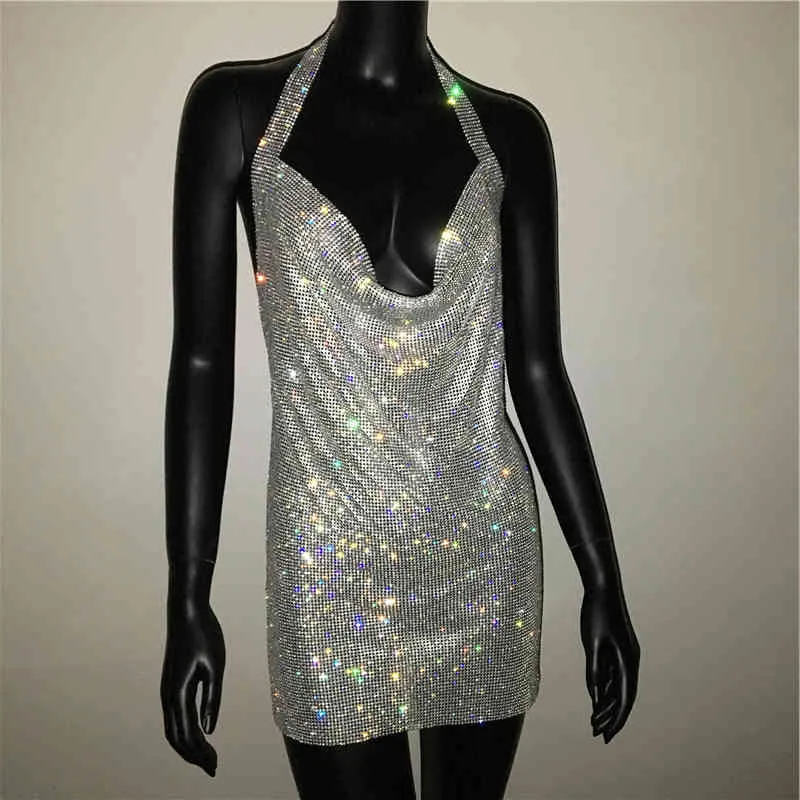 2020 NEW Sexy Deep V Neck Crystal Dress Women Luxury Rhinestone Halter Dance Party Diamante Backless Split Mini Dresses X0521