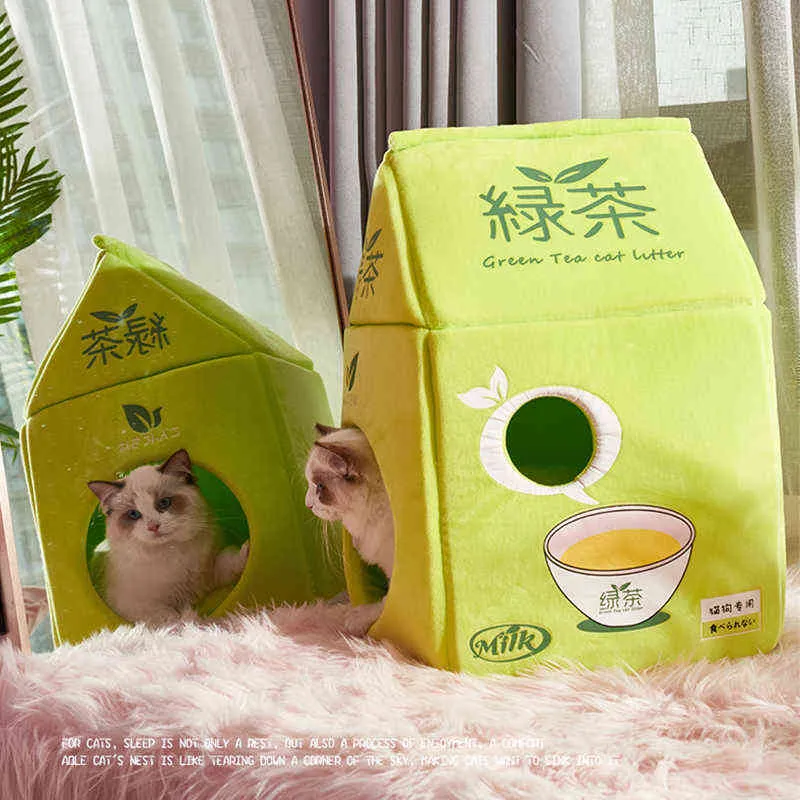 Vikbar söt husdjur katt säng hus jordgubb banan mjölk låda vinter varm plysch mjuk grotta kattunge kennel levererar 211111