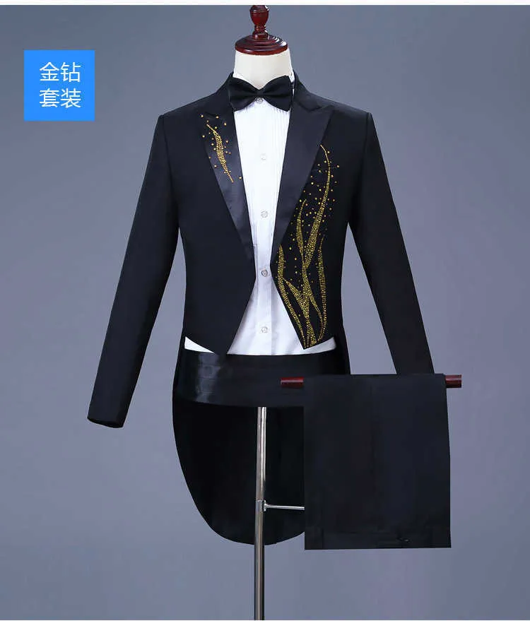 Mens Gold Diamond Embroidery Tuxedo Tailcoat Slim Fit 4 Ppcs Dress Suit Men Party Wedding Dinner Jacket Swallow-Tailed Coat 4XL X0909