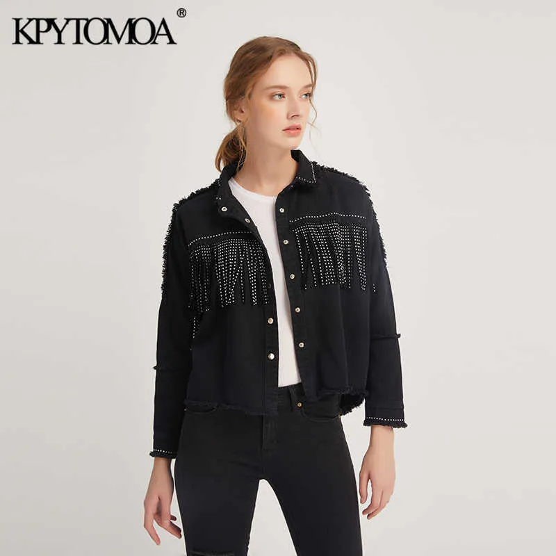 Kpytomoa donna moda nappa perline in rilievo giacca di jeans oversized cappotto vintage manica lunga frayed orlo femmina tuta sportiva chic top 211014