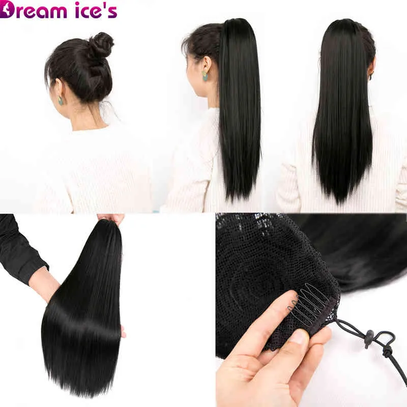 Yaki Straight Synthetic Drawstring Ponytail Hair Extension Clip Pony tail Hairpieces With Elastic Band 20 Inch Dream Ice's2677