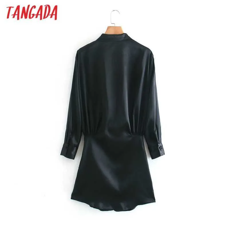 Tangada Primavera Moda Donna Camicia di raso nero Abito manica lunga Office Ladies Back Zipper Mini Dress 2XN42 210609