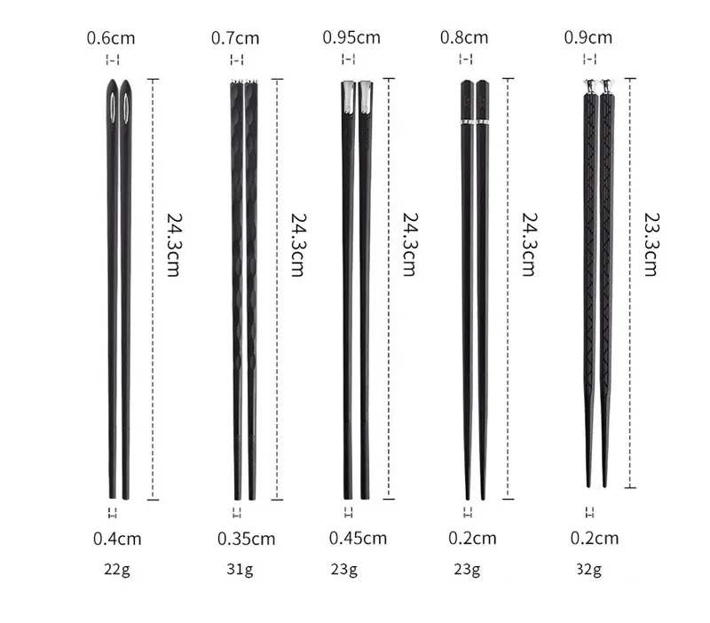 5 couples de baguettes à baguettes pointues couramment utilisées dans une utilisation à domicile et une boîte de Chopsticka454346428 du dîner noir de 243 mm