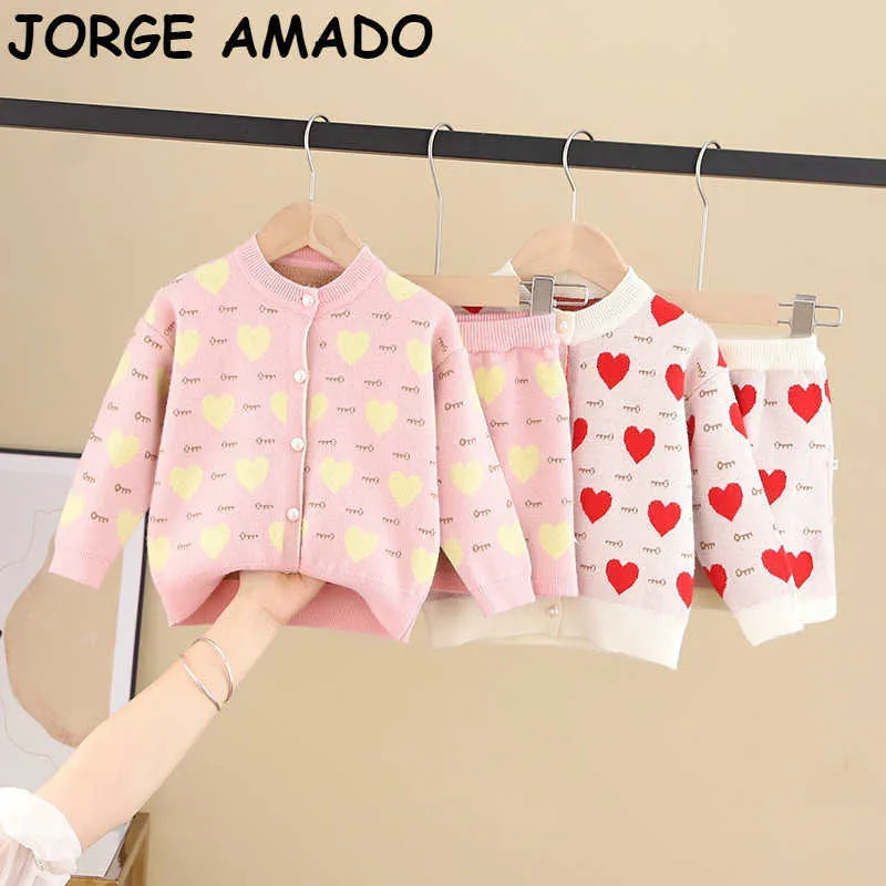 Vår Alla hjärtans dag Tjejer Outfits Love Heart Key Print Långärmad Sweater Kjol Passar Kläder BR001 210610