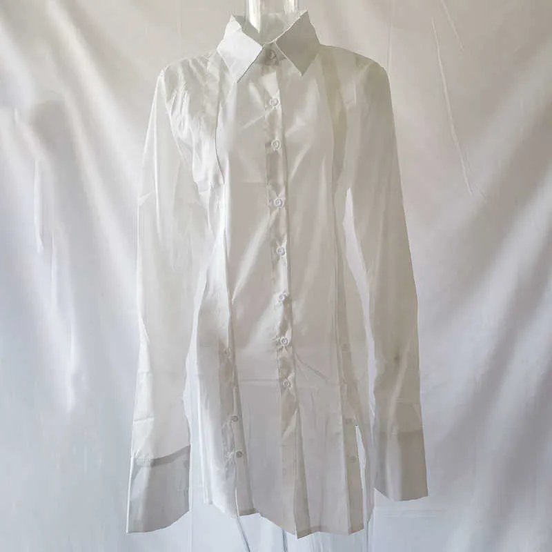 Przycisk Anjamanor Split Biały Z Długim Rękawem Koszula Sukienka Kobiety Ubrania Moda Sexy Mini Dresses Clubwear Vestidos Sexis D22-CG18 Y0823